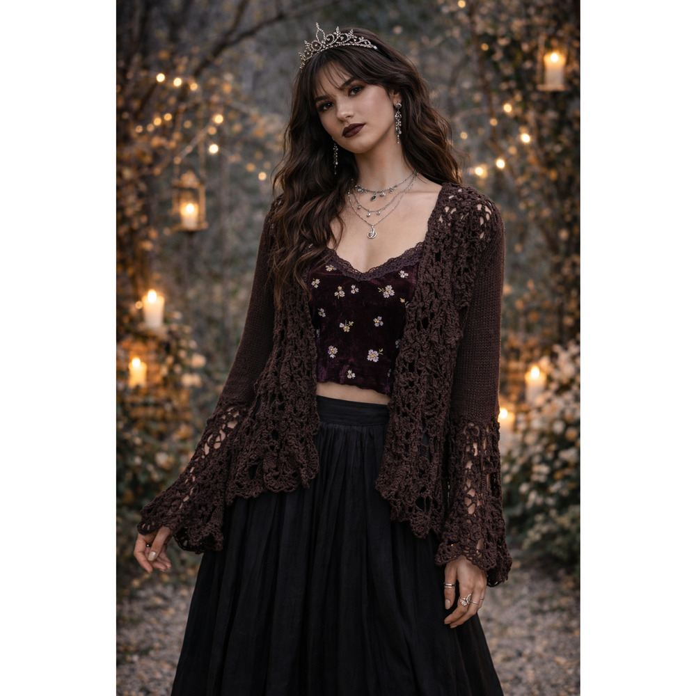 VTG Nine West Cardigan Small Brown Ramie Open Crochet Bell Sleeve Boho Y2K Fairy